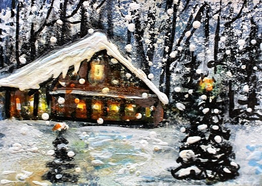 ACEO Original Winter XMAS HOUSE Cabin Trees PAINTING Snow Holiday Landscape ART
