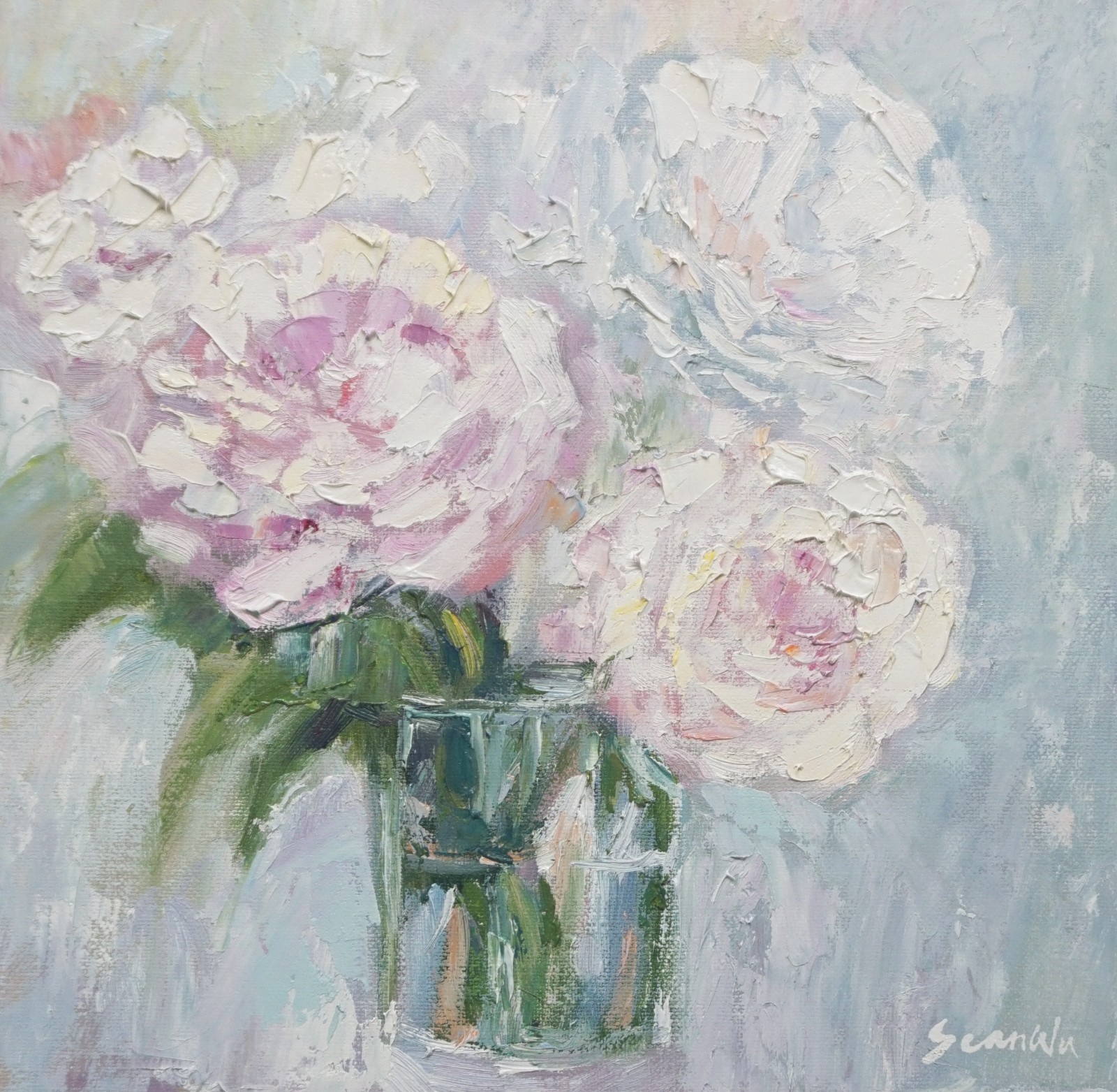 Sean Wu original oil painting, 12×12 on stretched canvas，flowers in a glass