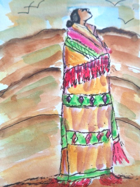 ATC ACEO Colorful SOUTHWEST NATIVE PEOPLE WOMAN Landscape Watercolor Painting