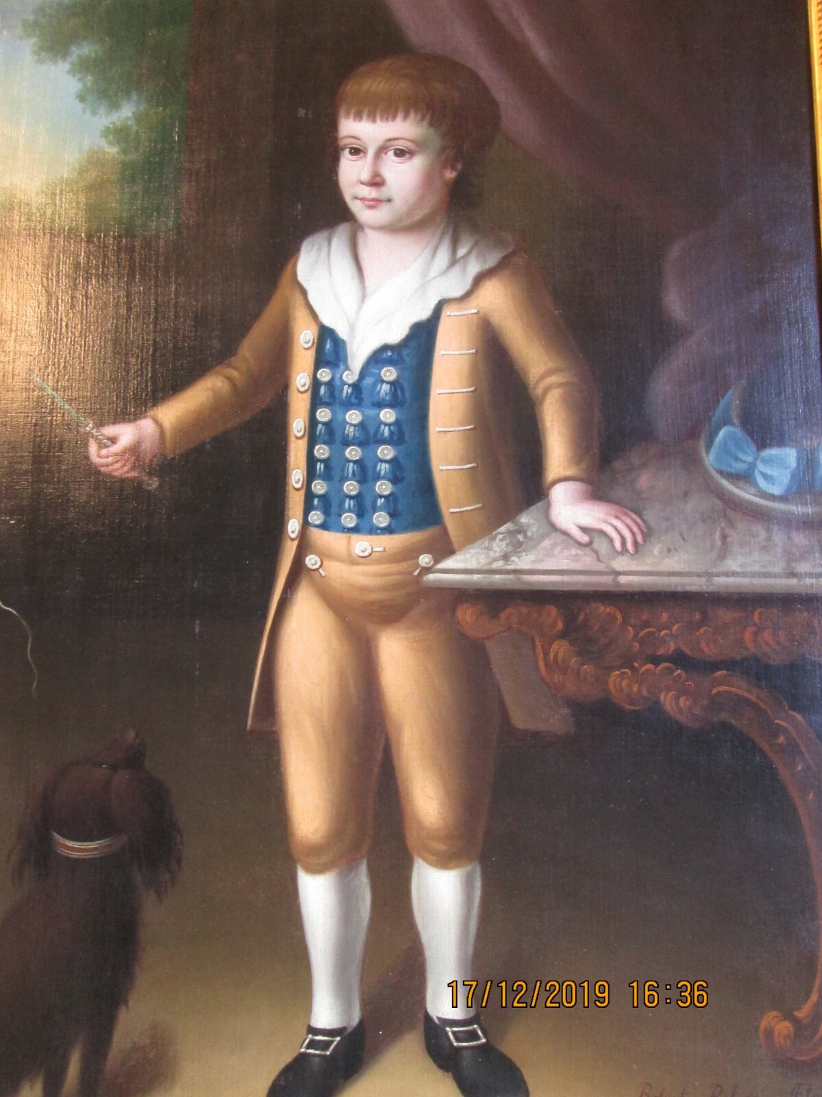 Lt. 1700’s 36″ x 50″ FRAMED 18TH C.AMERICAN PORTRAIT PAINTING O/C BOY W/DOG