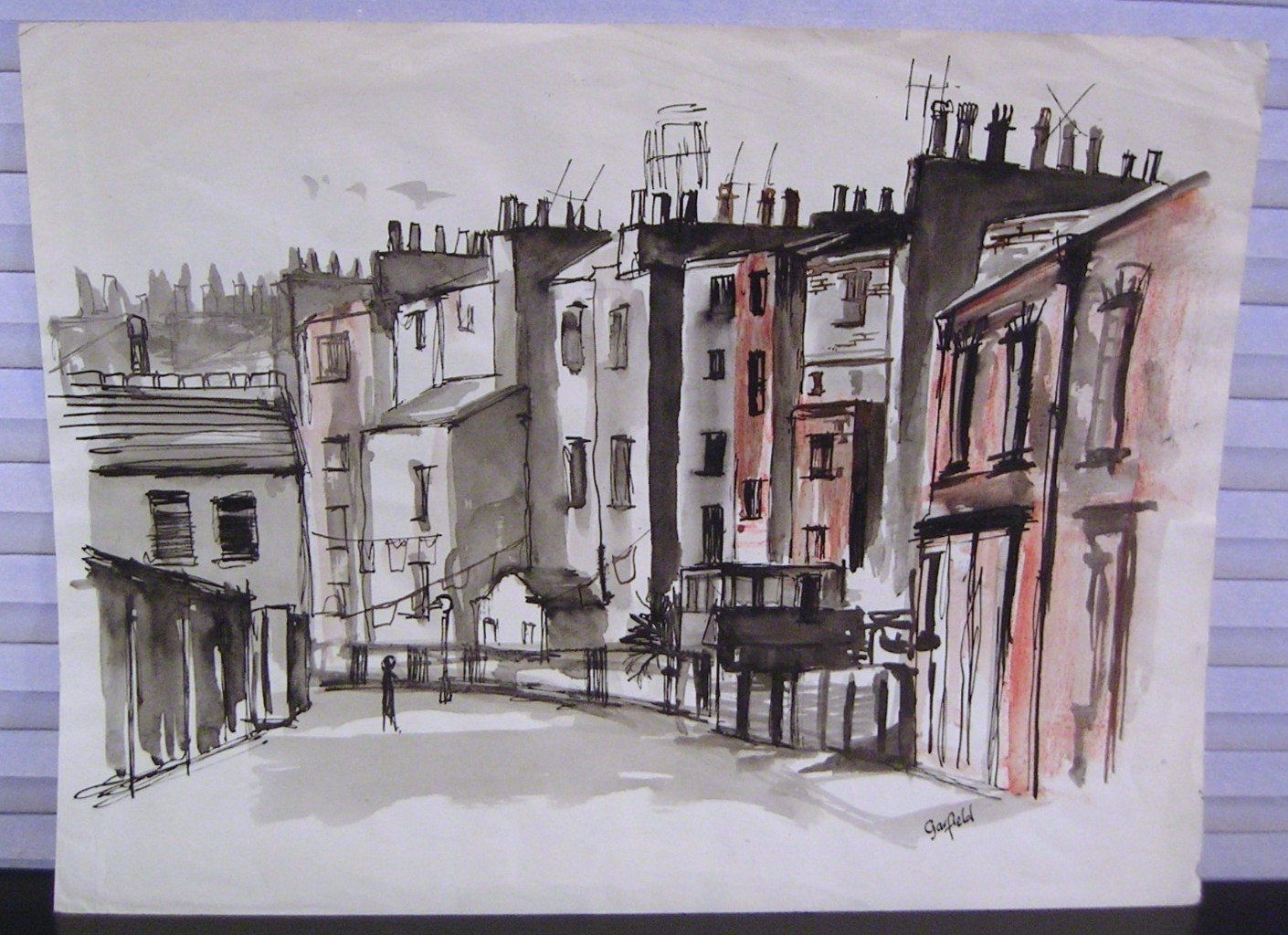 Mid 20th Century Expressionist Cityscape Painting Watercolor and Ink
