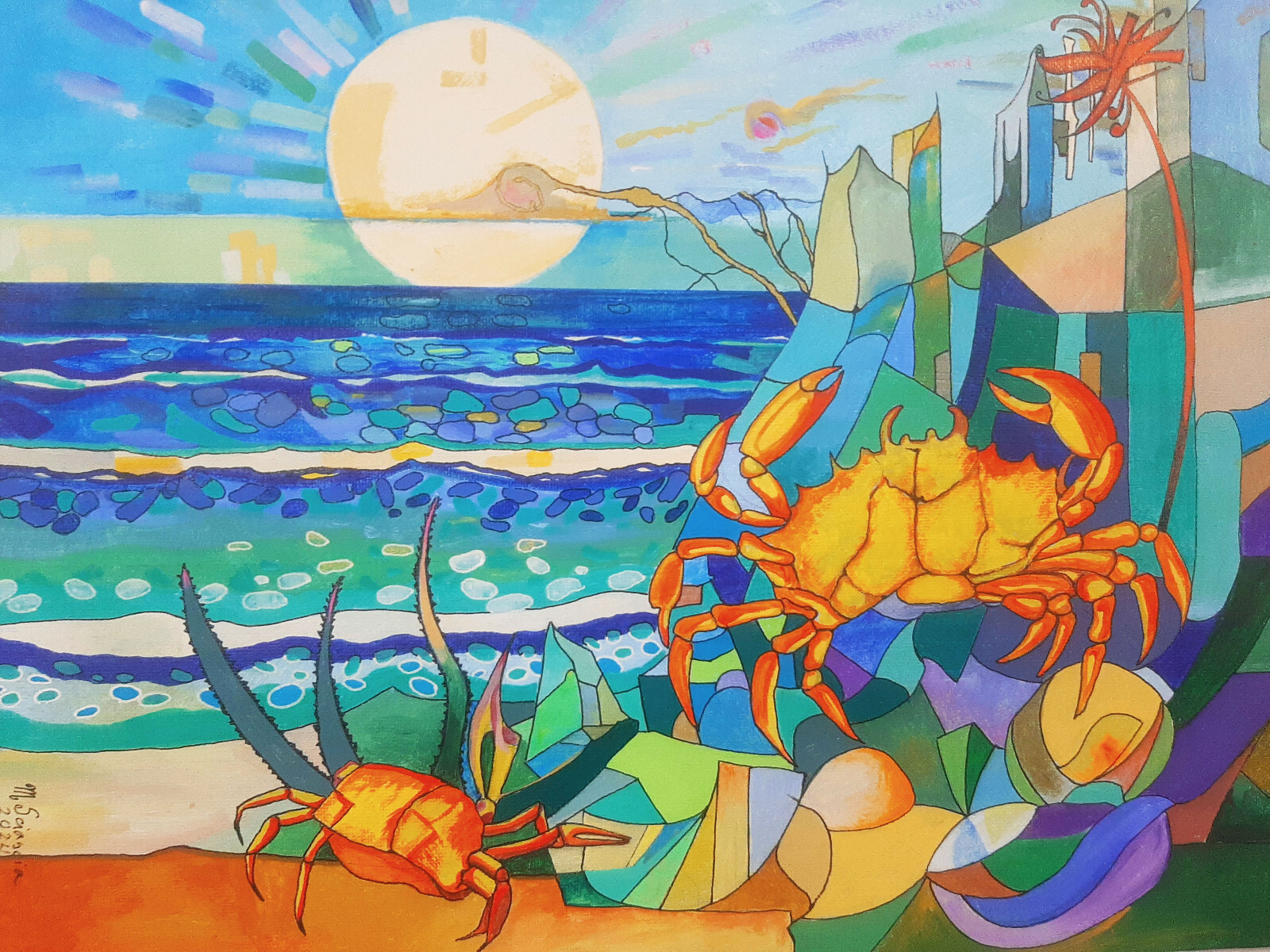 Crab Serenade, handmade original acrylic painting abstract canvas board unframed