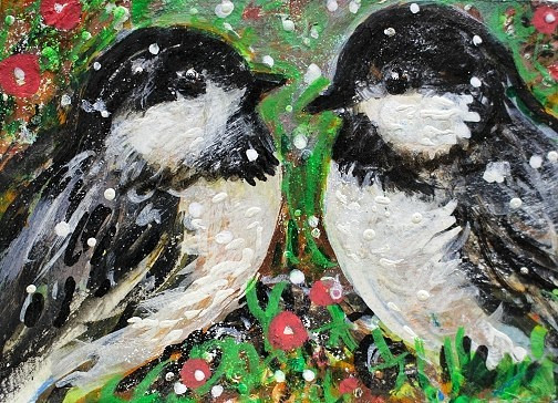 ORIGINAL ACEO PAINTING Black Cap CHICKADEE Winter BIRD Snow Tree Nature ATC ART