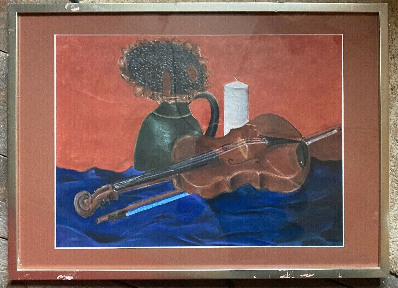 Pastel Violin Still Life with Candle and Jug °Frame Signed Red-Blue