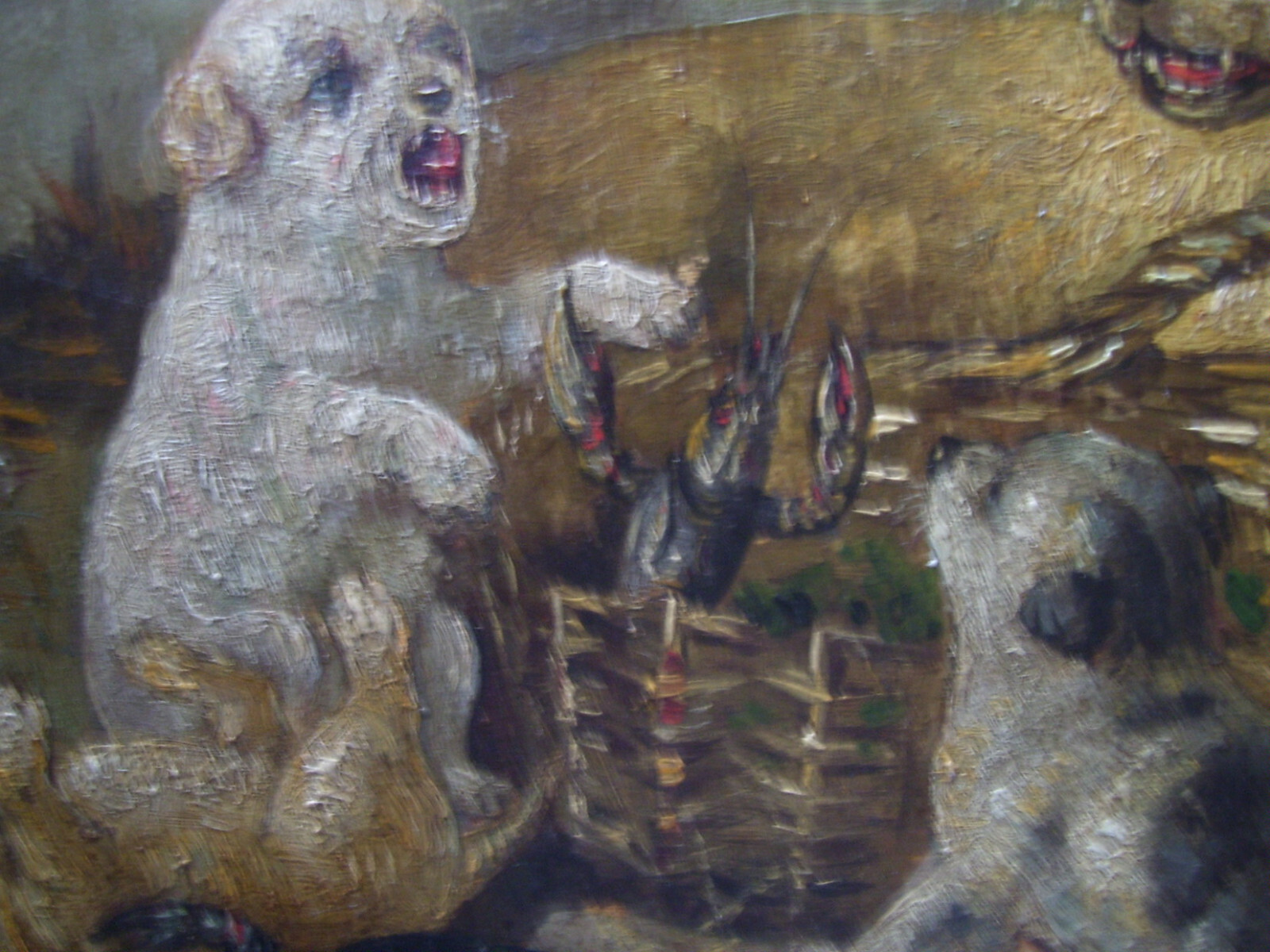 19th cent oil painting with puppies and crayfish
