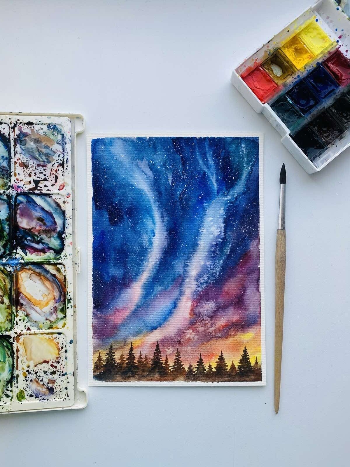 Original watercolor Art Aurora Borealis Painting Northern Lights Art Night Sky