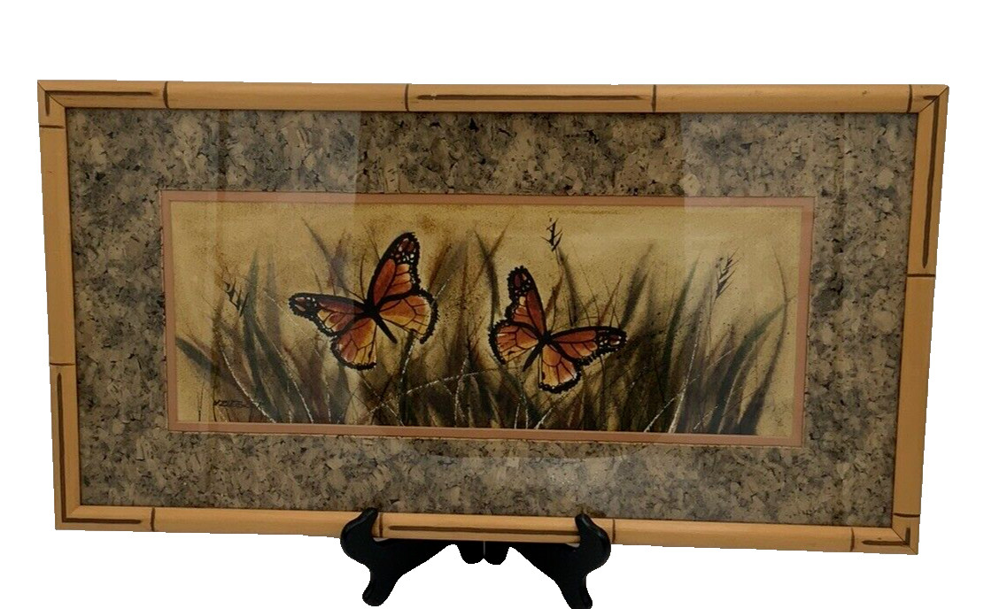 Org Signed Ziegler Art Butterflies & Cattails Watercolor Cork Mat Bamboo Frame