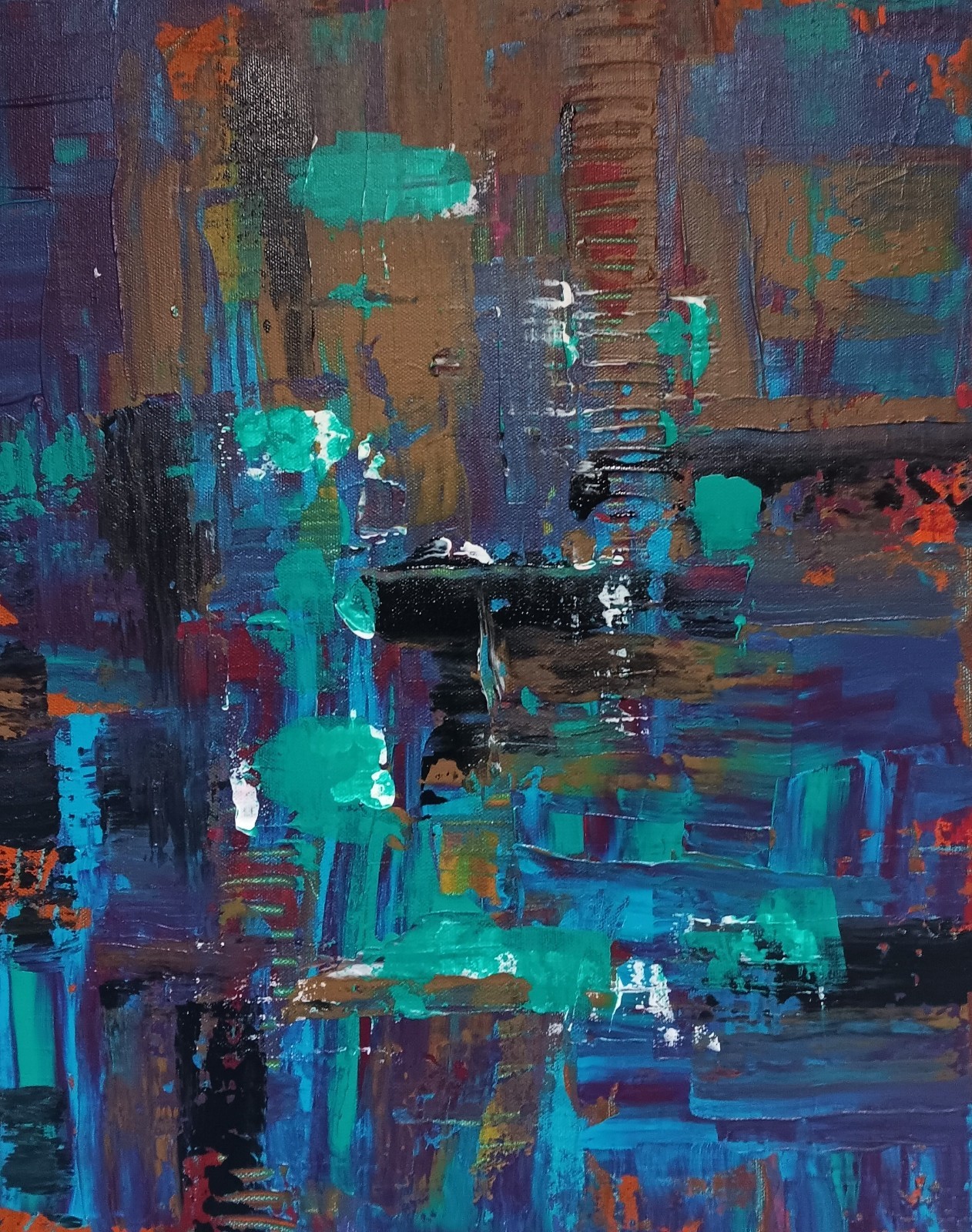 Small abstract original black turquoise blue pink red ochre «Wonder»