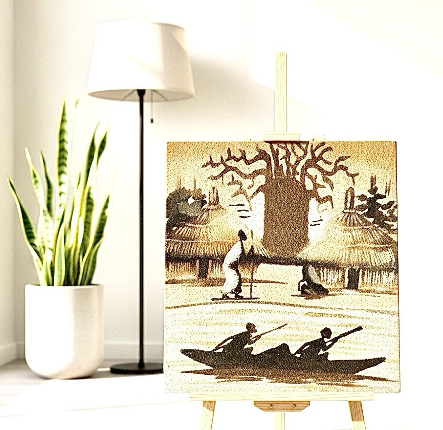 African Picture Painted In Colored Sand, Unframed.