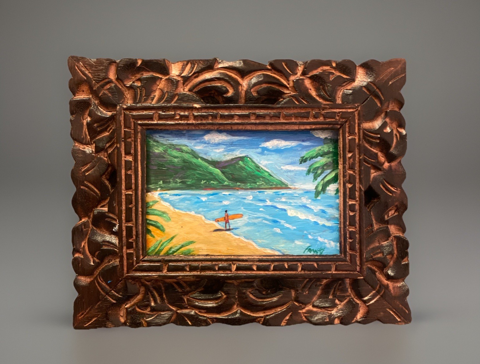 Vintage Original Hawaiian Painting Surfer Ocean Carved Wooden Frame 9.5” X 8”