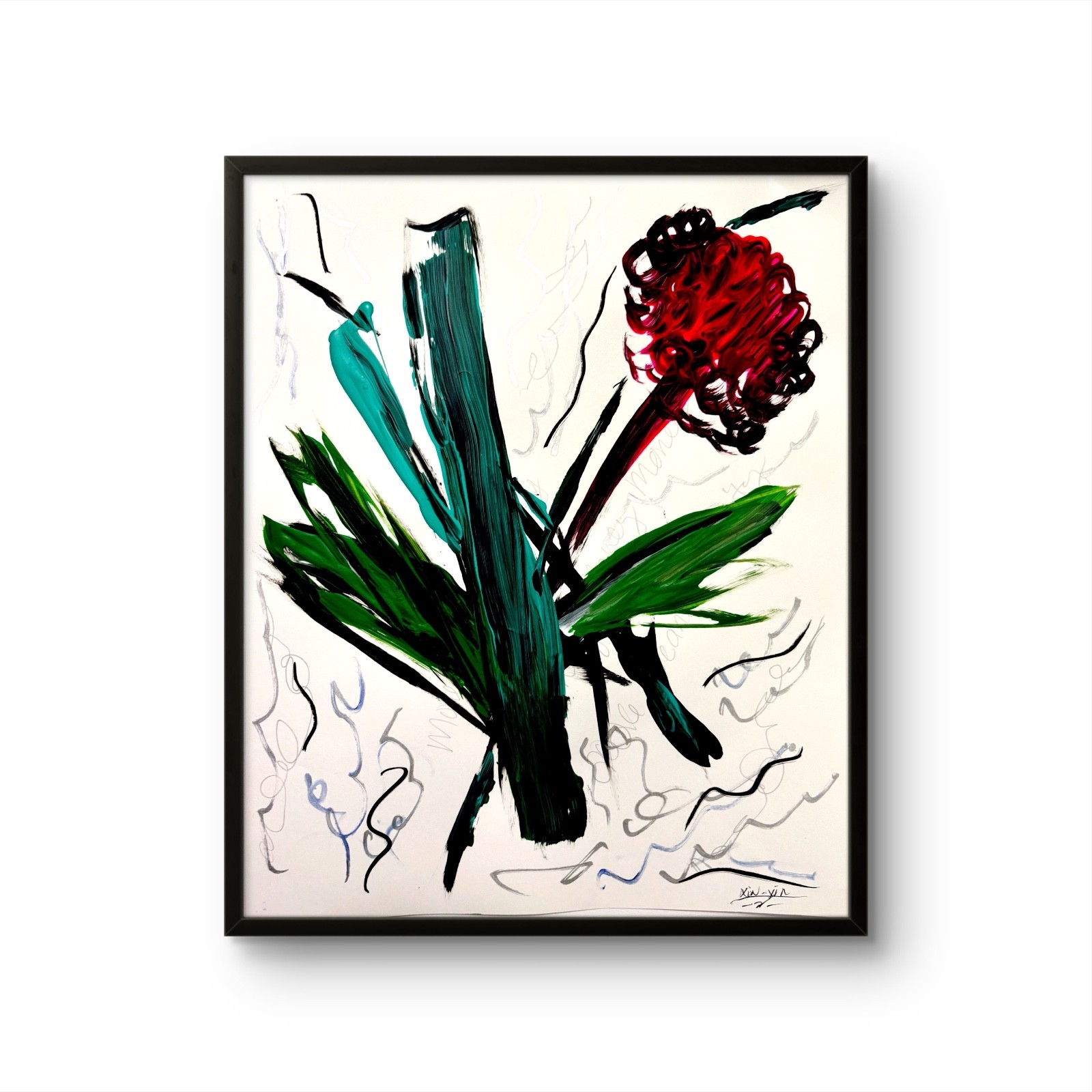 Abstract Floral Bouquet Art 11×14 Red Teal Green Bold Acrylic Painting Paper