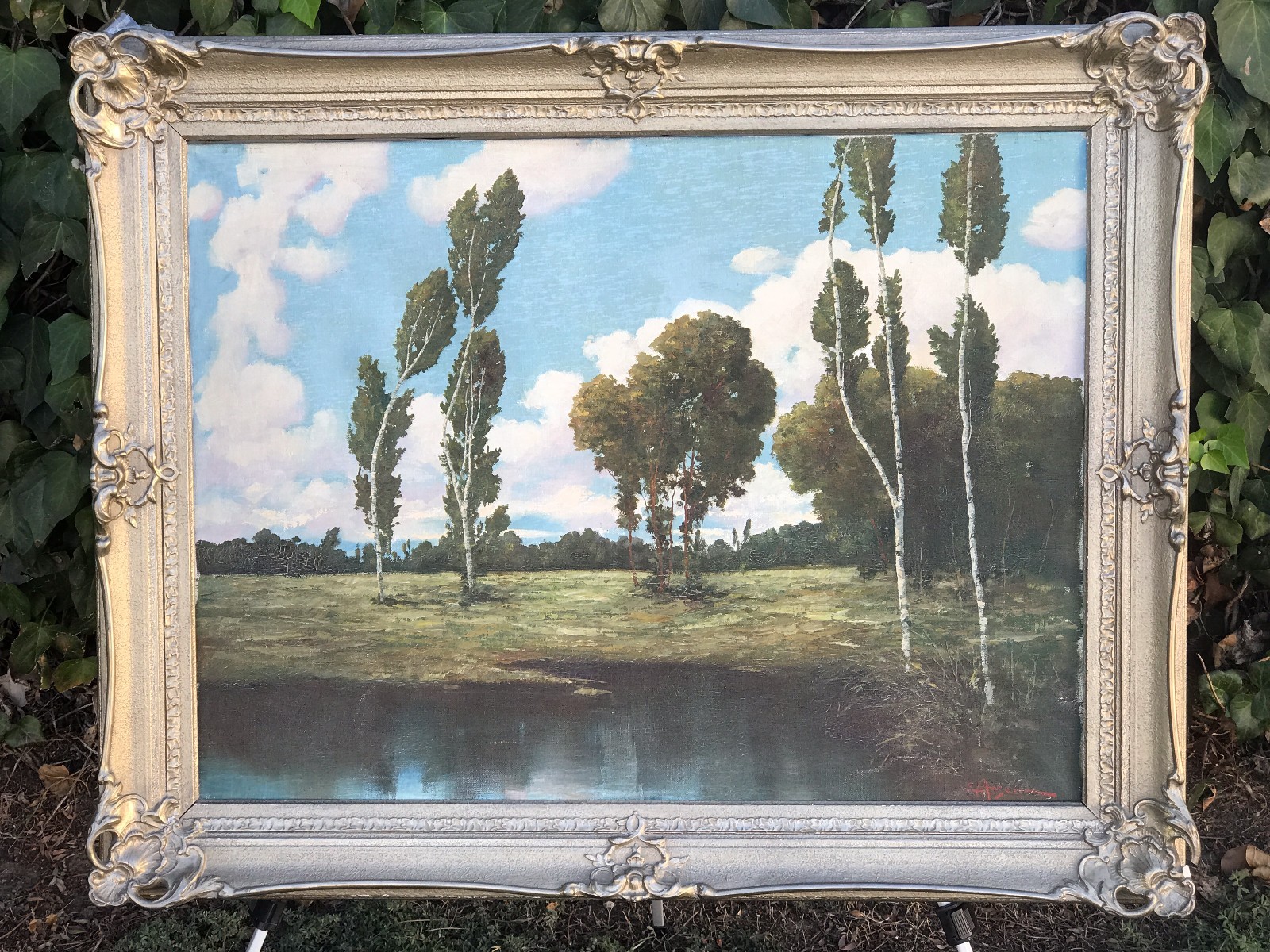 EDUARD ANGEN Original 1920s Oil on Canvas Modern Landscape w/ Pewter Gesso Frame