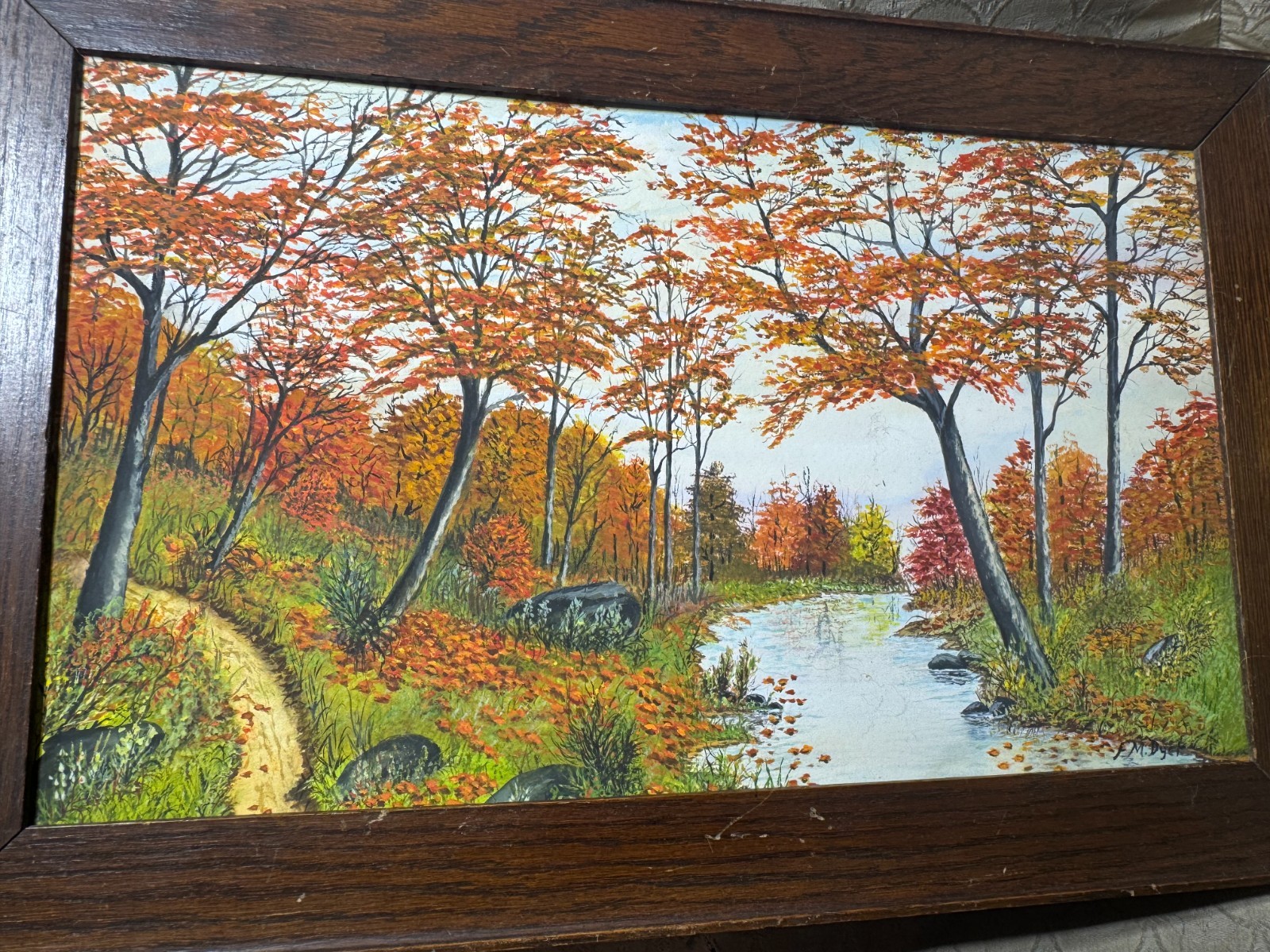 Vintage F.M Dyer «Fall River Landscape Scene» Oil Painting – Signed And Framed