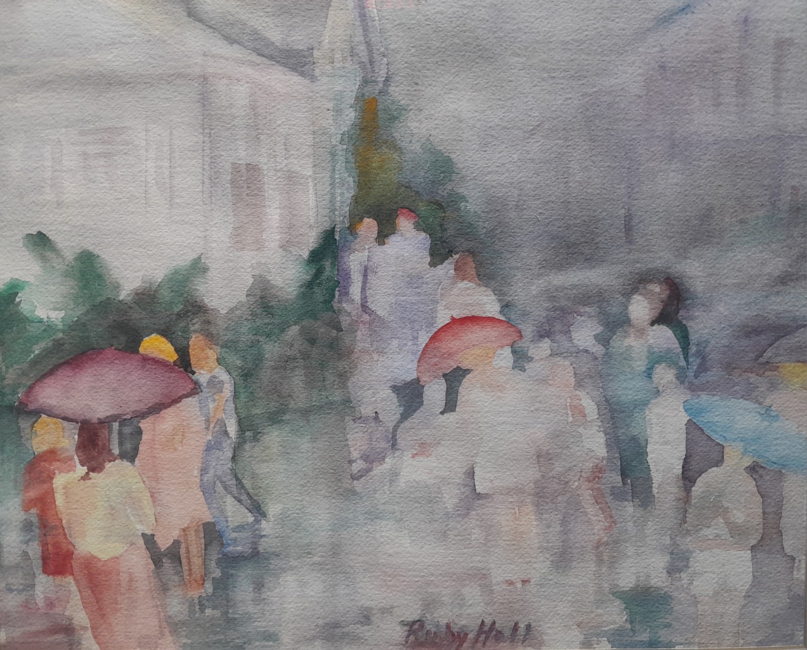 RUBY HALL FLORIDA KEY WEST ARTIST LARGE WATERCOLOR 1989 «KEY WEST SHOWERS»