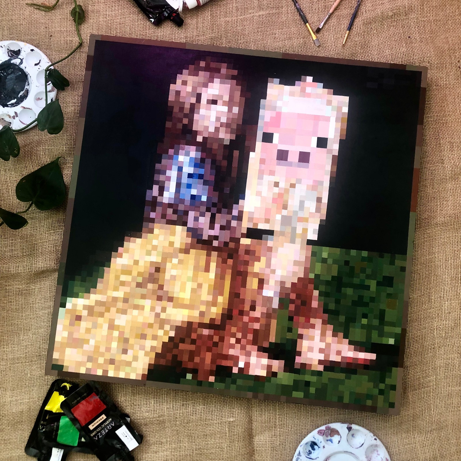 Minecraft Pigscene – Hand-painted Acrylic Artwork – Girl with Pig 24×24 Inch