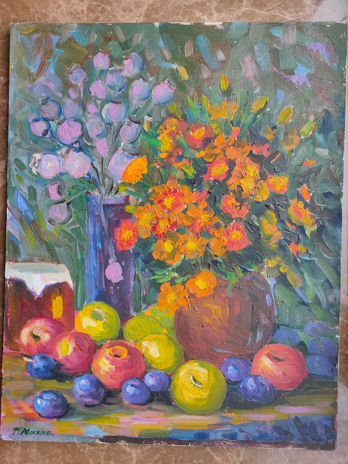 Painting, still life with flowers and fruits, artist T. Mikhno. Honored Artist.