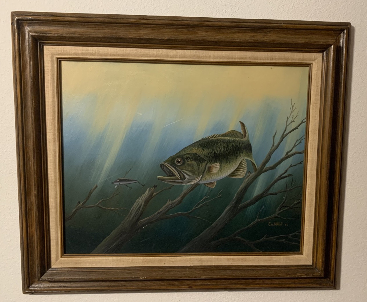 John S. Eberhardt Oil Painting Large Mouth Bass from 1982, Signed by the Artist