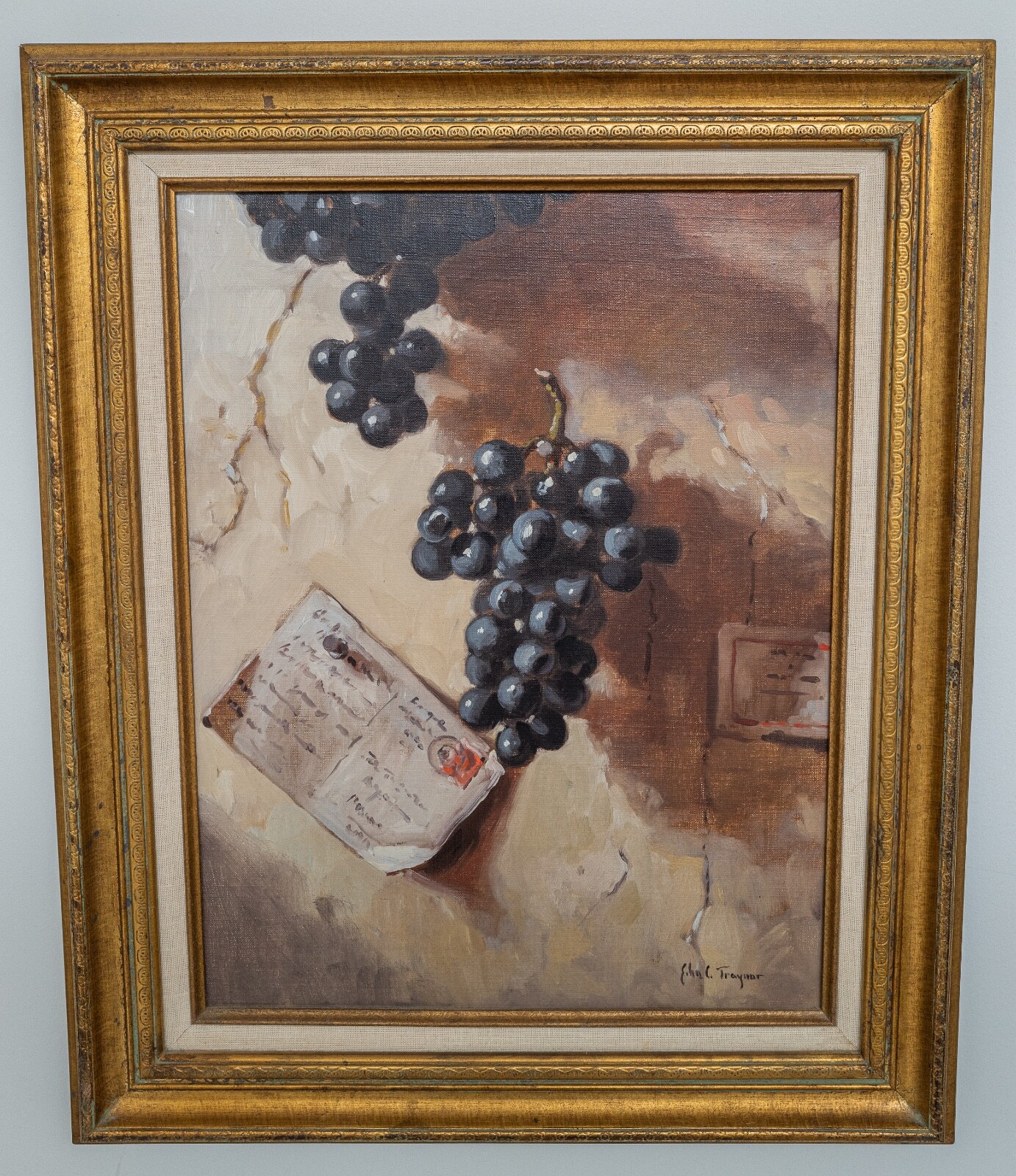 John C Traynor (b. 1961) Still Life Grapes and Postcard, Original Oil on Canvas