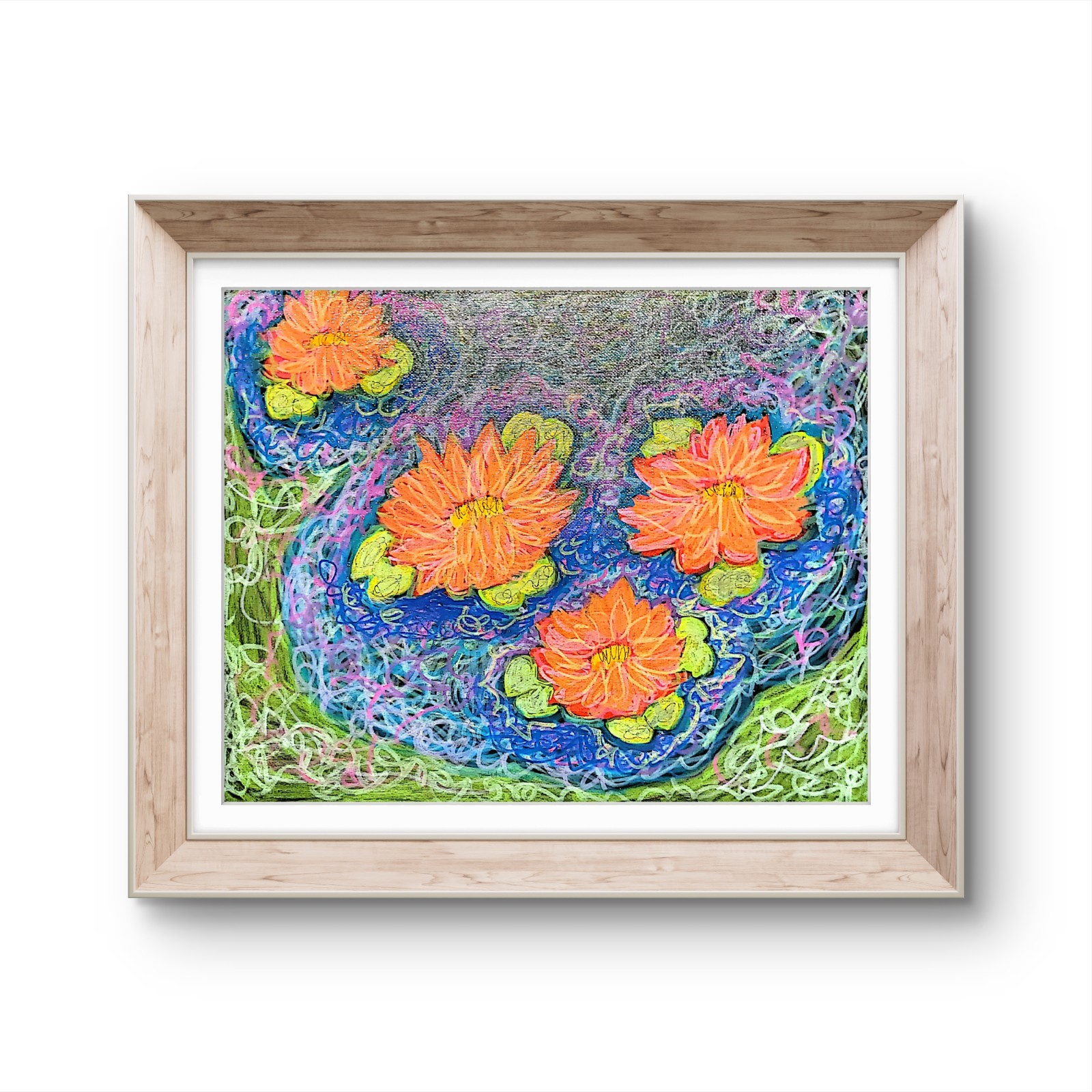 Colorful Water Lily Pond Painting Original Acrylic Floral Impressionist.