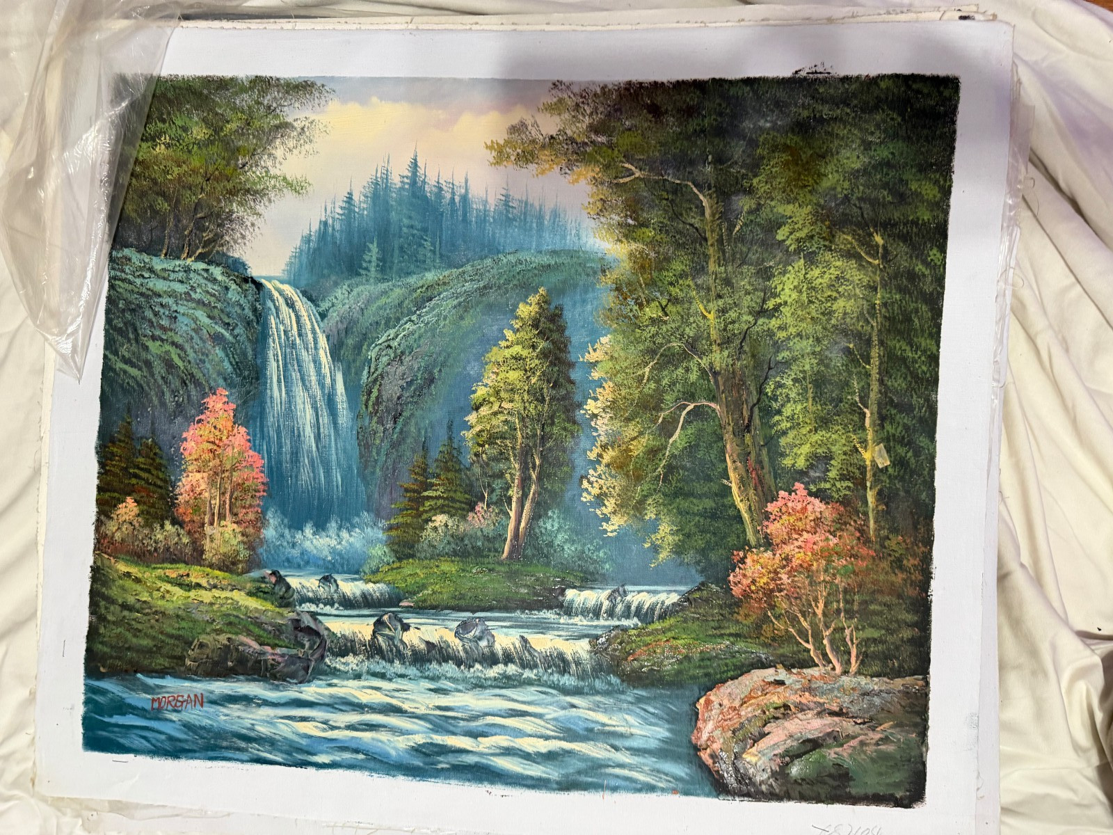 Vintage Mountain Waterfall Forest Landscape Oil Painting Signed Nature Art