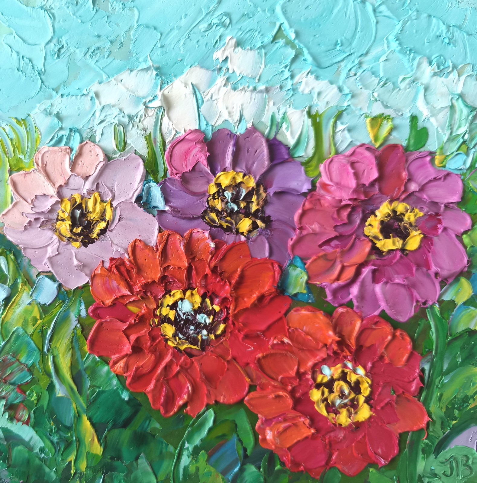 Zinnia Oil Painting Original Miniature  6×6 in Floral Impasto Signed  Art
