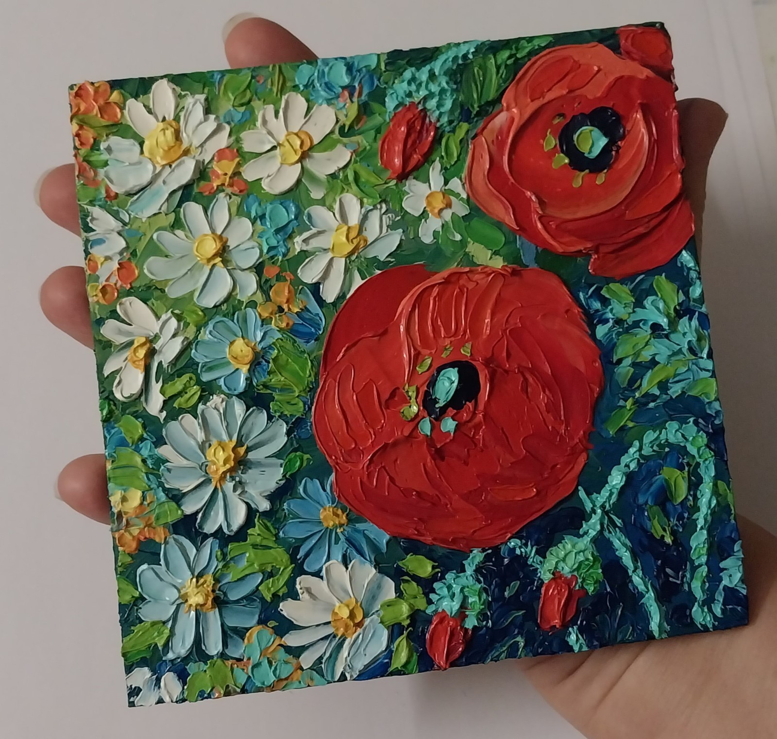 Framed Daisies Red Poppies Summer Wildflowers 5×5” Impasto Oil Painting Original