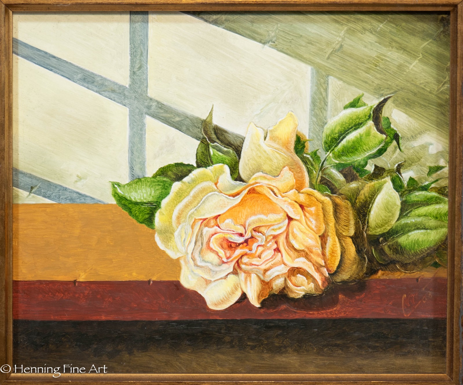 Stunning Oil Painting of Yellow Rose in Window Illegibly Signed, Fine! 16×18″