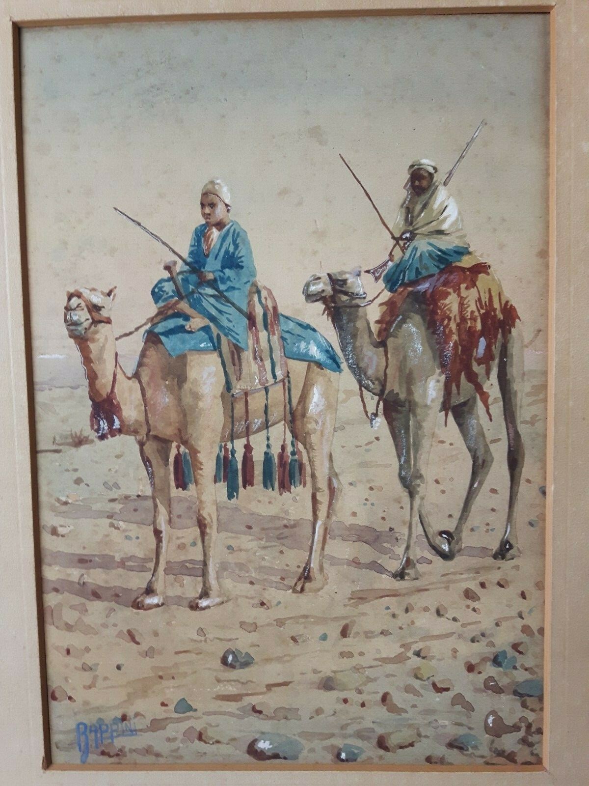 Orientalist Antique painting Watercolor gouche » Camels in the Desert»