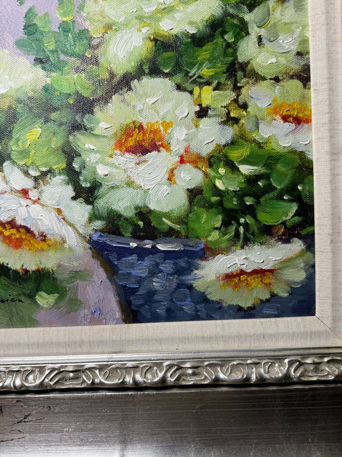 «Flowers In Blue Basket Scene» Oil On Canvas Painting – Signed And Framed