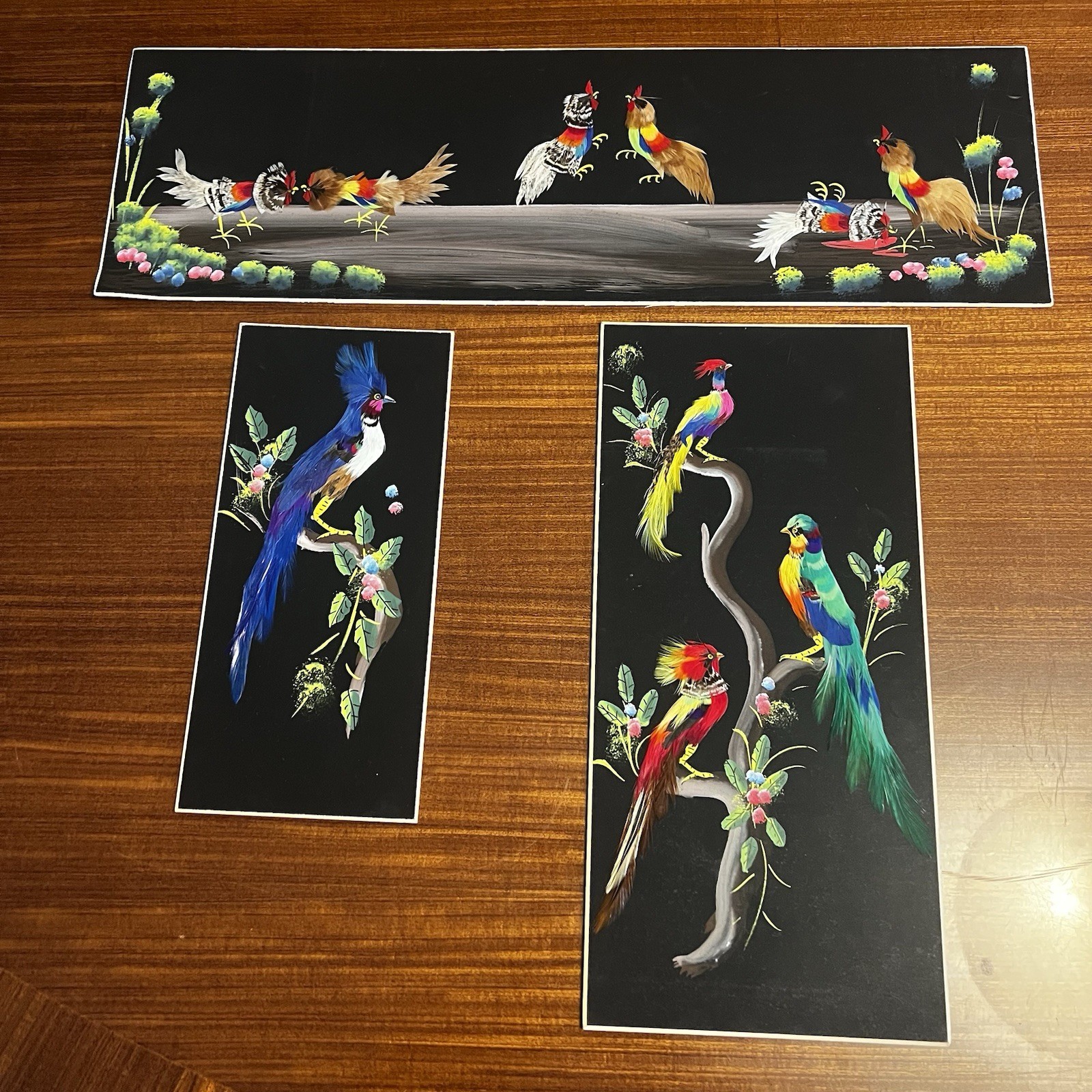 Three Vintage Mexican Hand Painted & Feathered Bird Pictures | Feathercraft