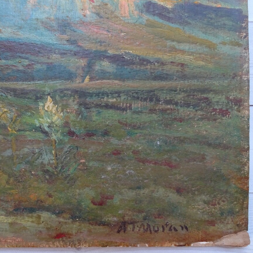 Antique American Southwest Impressionism Oil Painting Mountains A.T. Moran 14×10