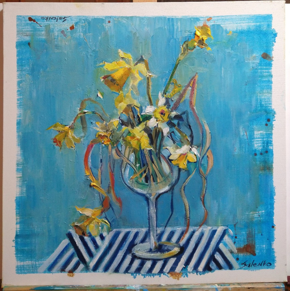 Original oil Still life 20″x20″, Flowers, Daffodils, Blue, Contemporary art