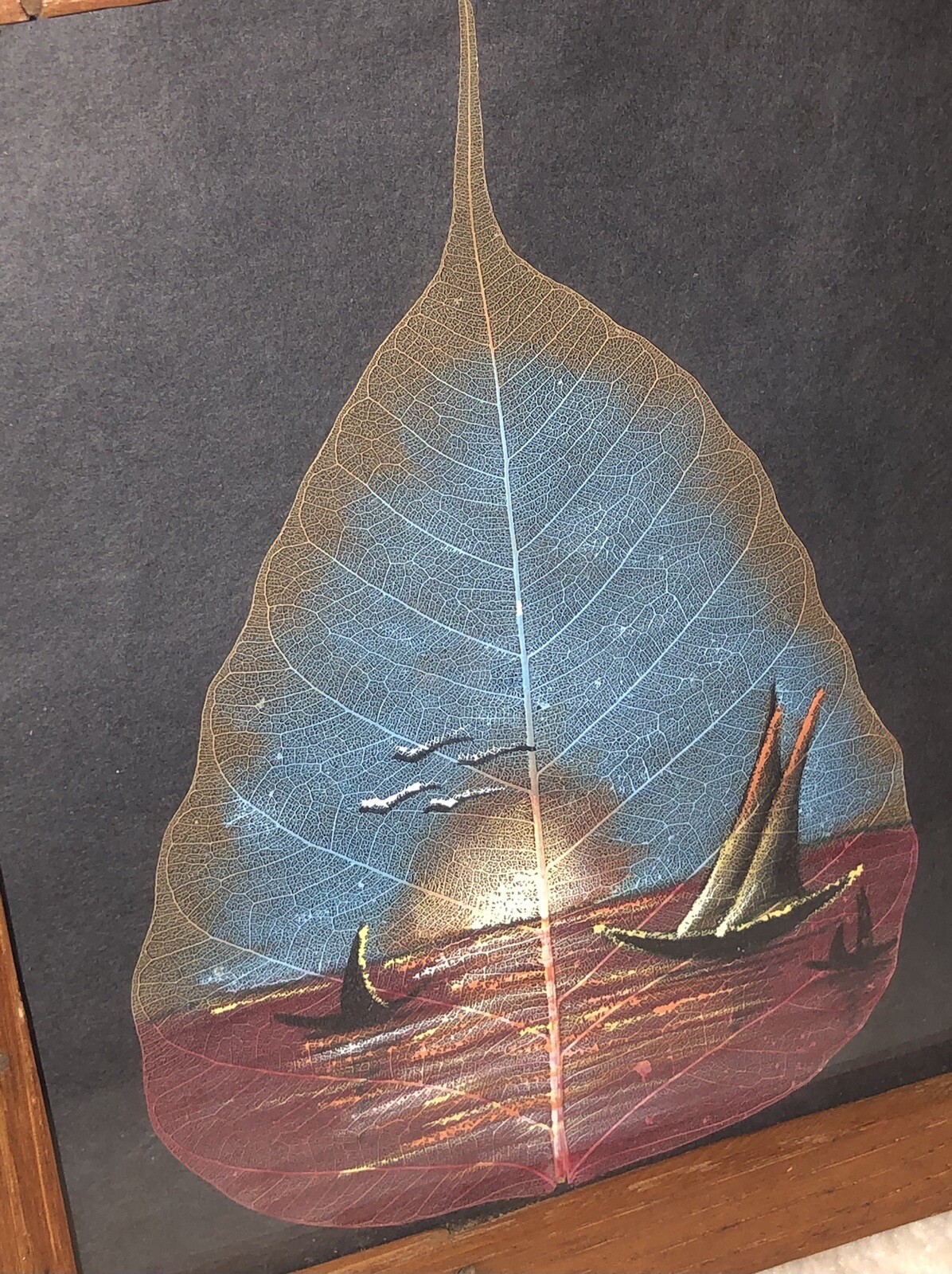 Vintage Framed Art “Ocean Sunset” Hand Painted Oil Painting Skeleton Pipal Leaf