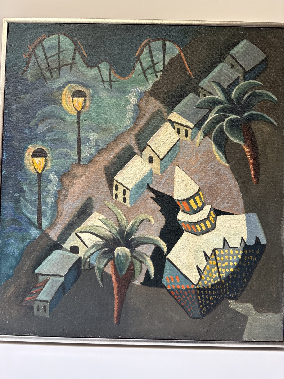 MID CENTURY PAINTING NIGHT BEACH COAST CUBIST MODERNIST JONES WPA ABSTRACT OIL