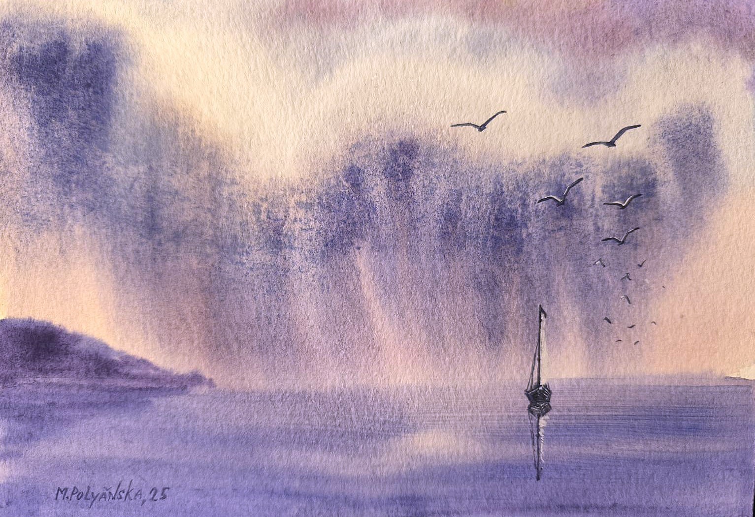LONELY FISHERMAN BOAT Original Art Painting Landscape CLOUDY SKY Seascape GiftA5