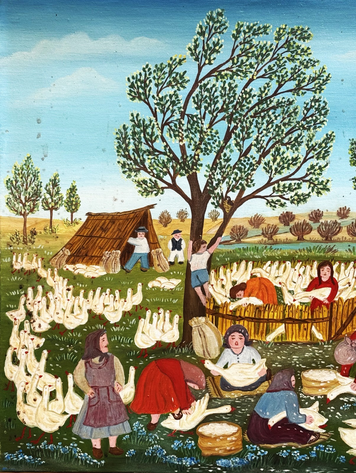 Deas Petrov-Morar (Serbian), c 2000 Naive Art Lively Communal Scene O/C, Signed!