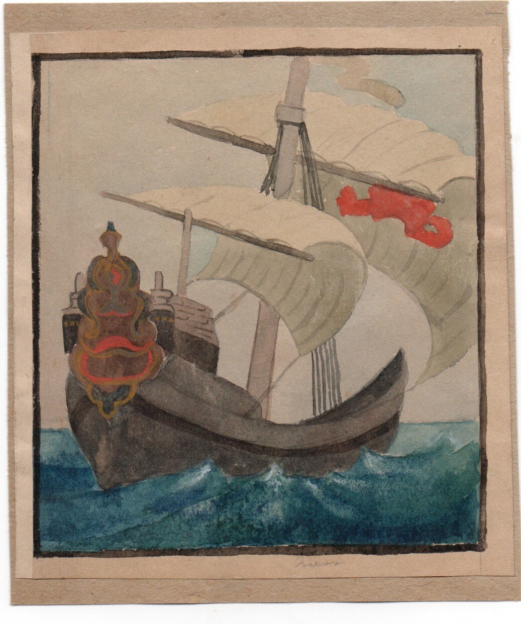 1920s Watercolor on Paper of Antique Ship