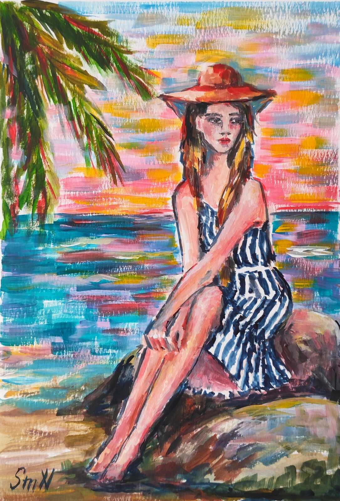 Original Art Romantic Woman Modern Portrait Sea Sunrise Painting Vibrant Artwork