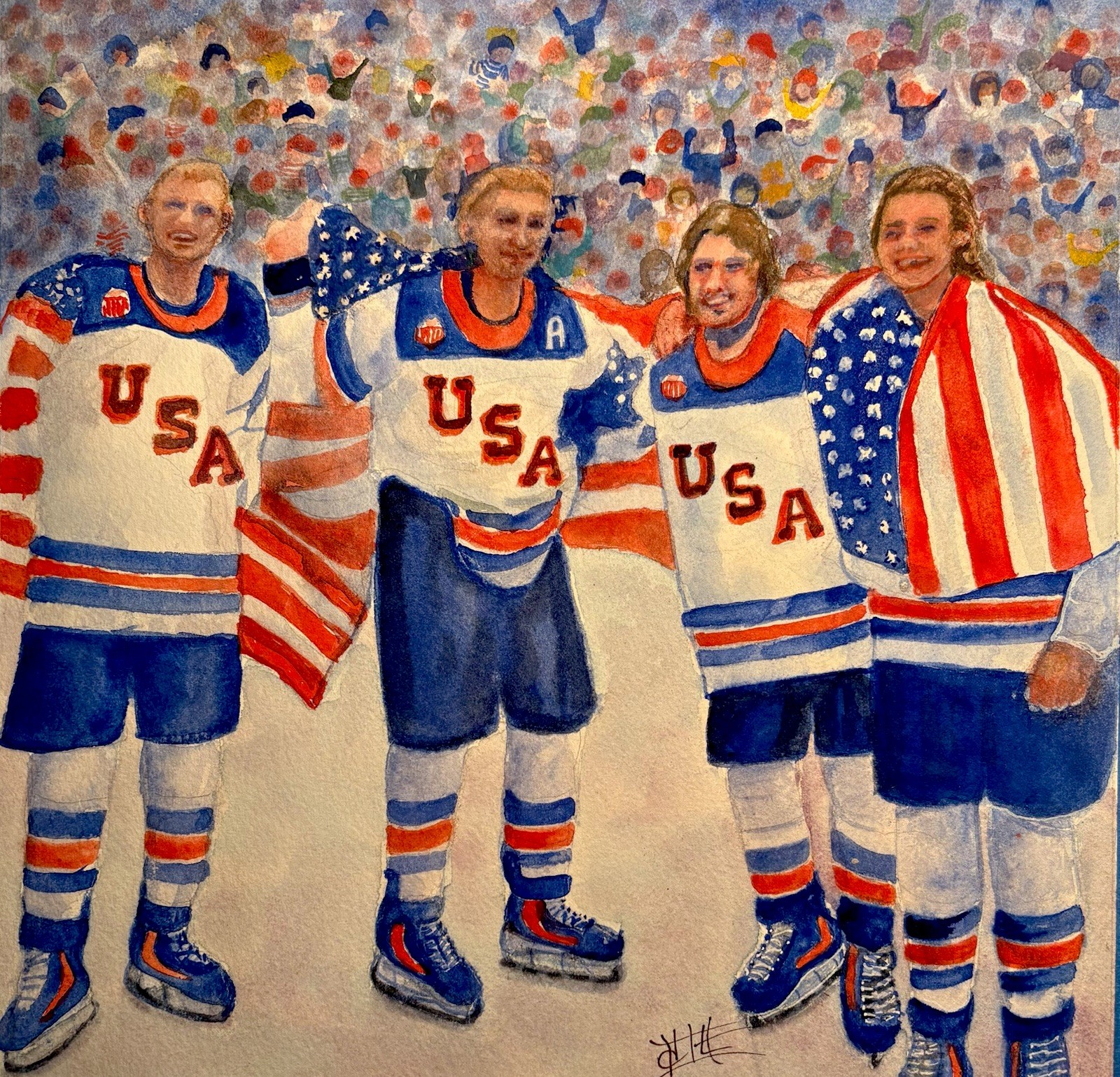 WATERCOLOR ORIGINAL 10×10 Olympic Ice Hockey NHL Sports Americana Decor Wall Art