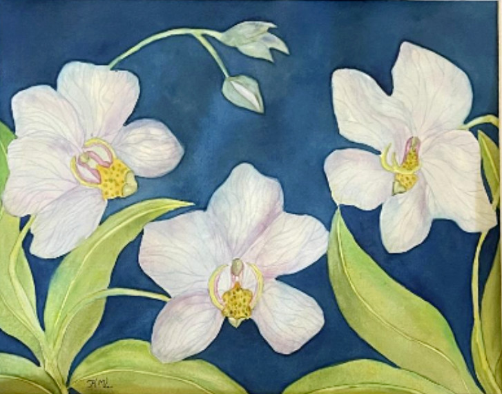 PAINTING WATERCOLOR ORIGINAL ART ORCHID FLOWERS LAVENDER BLUE 11×14 MAT 16X 20