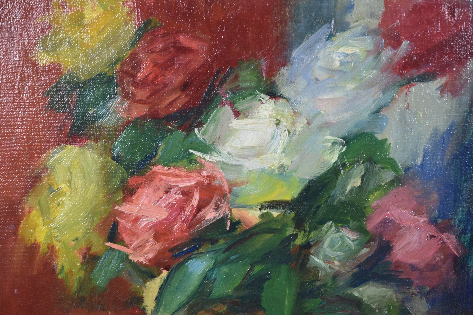Impressionist Art Painting Roses In Vase Still Life Original Oil Canvas Signed