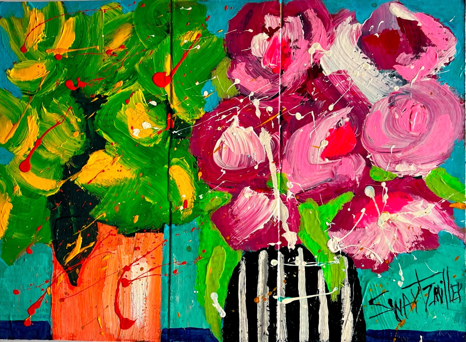 colorful ORIGINAL ABSTRACT FLOWERS ART PAINTING Upcycled SWARTZMILLER DNA SIGNED