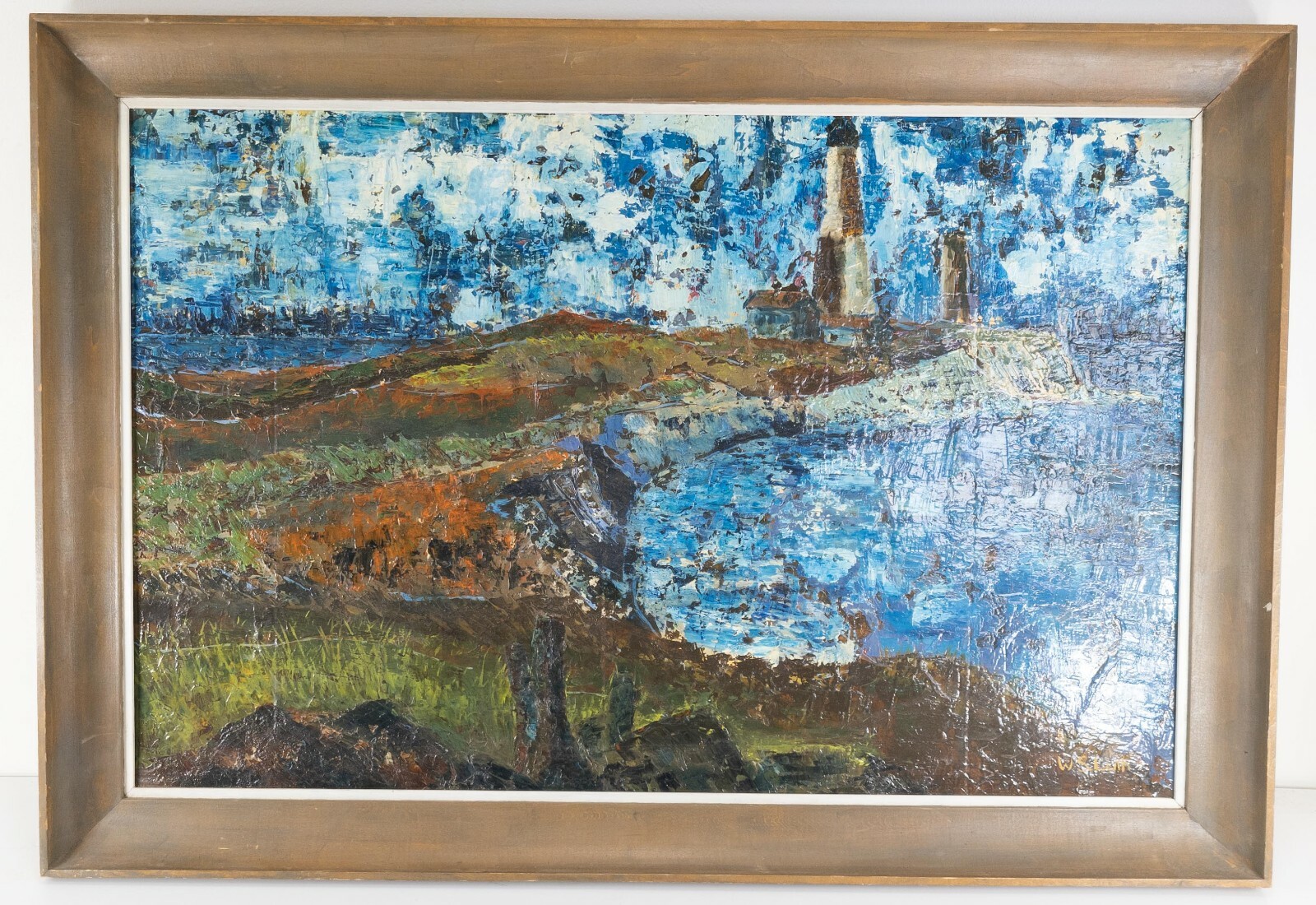 Vintage Mid-Century Modern Abstract Oil Painting of a Lighthouse Boston Light
