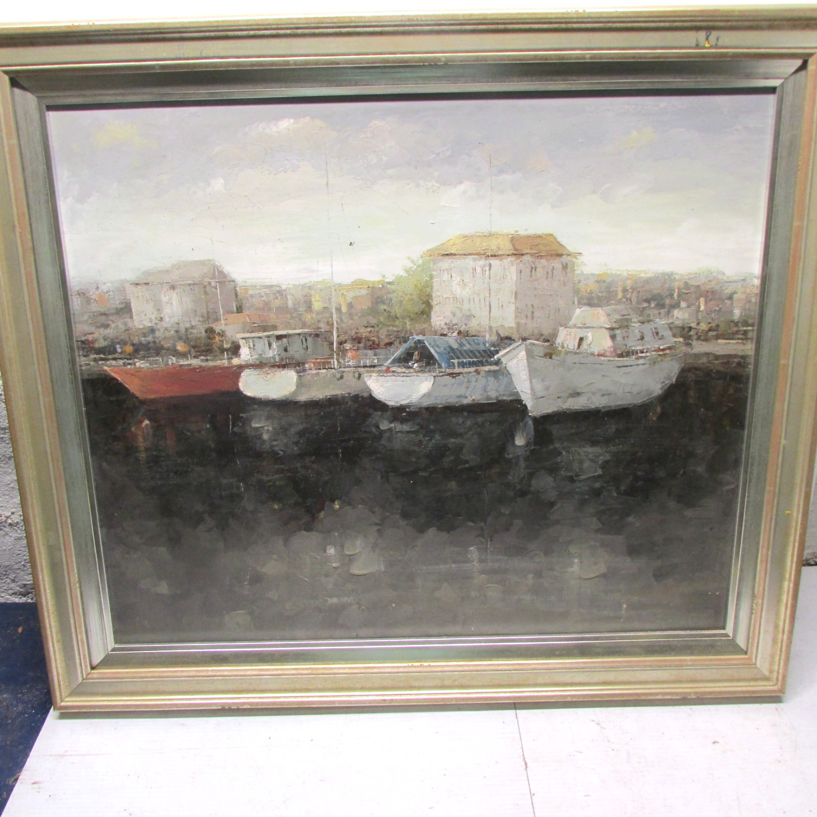 mid 20th century oil painting of Harbor scene unsigned