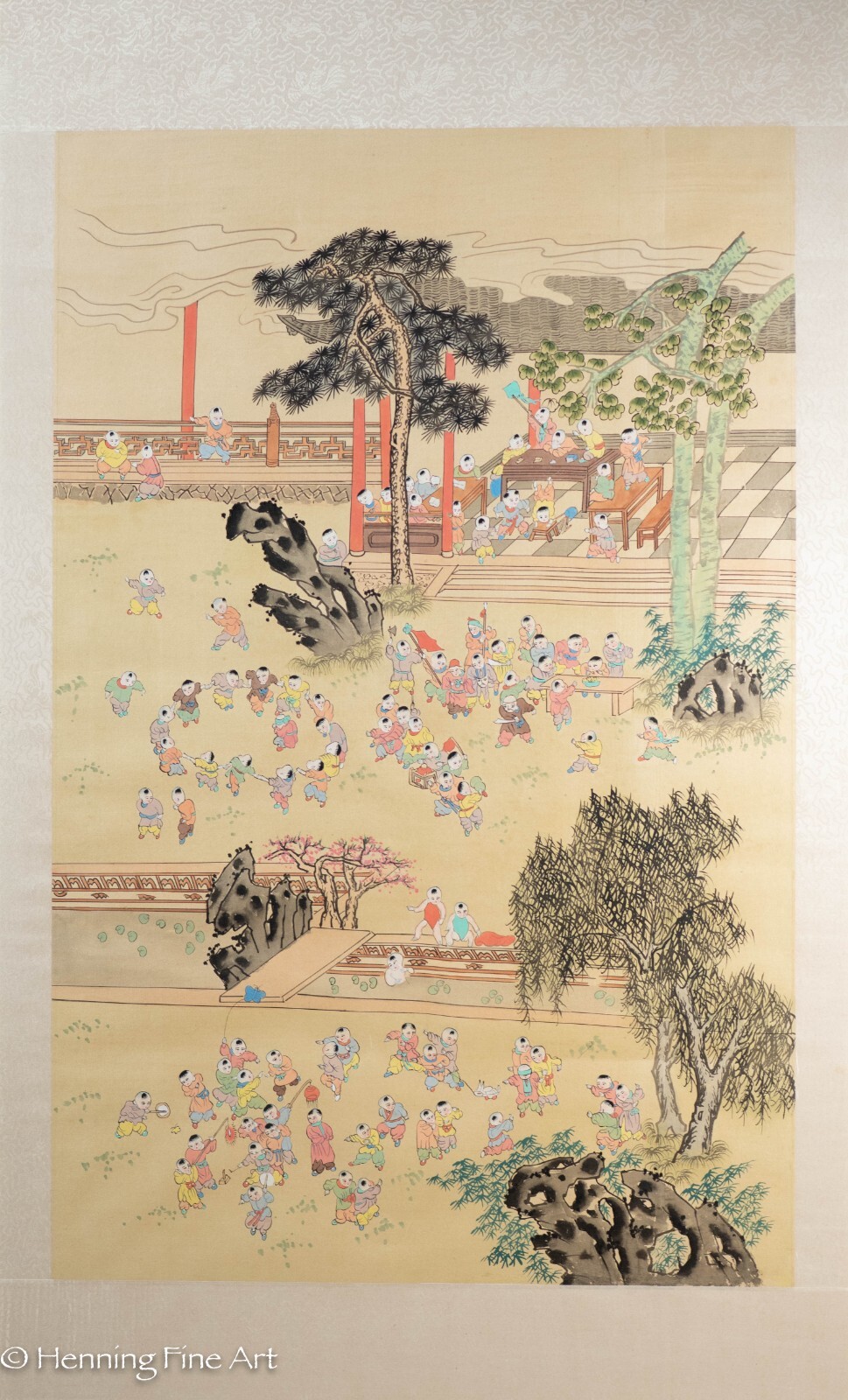 Beautiful Vintage Chinese Silk Painting Children Playing Games in Garden 44 x 27