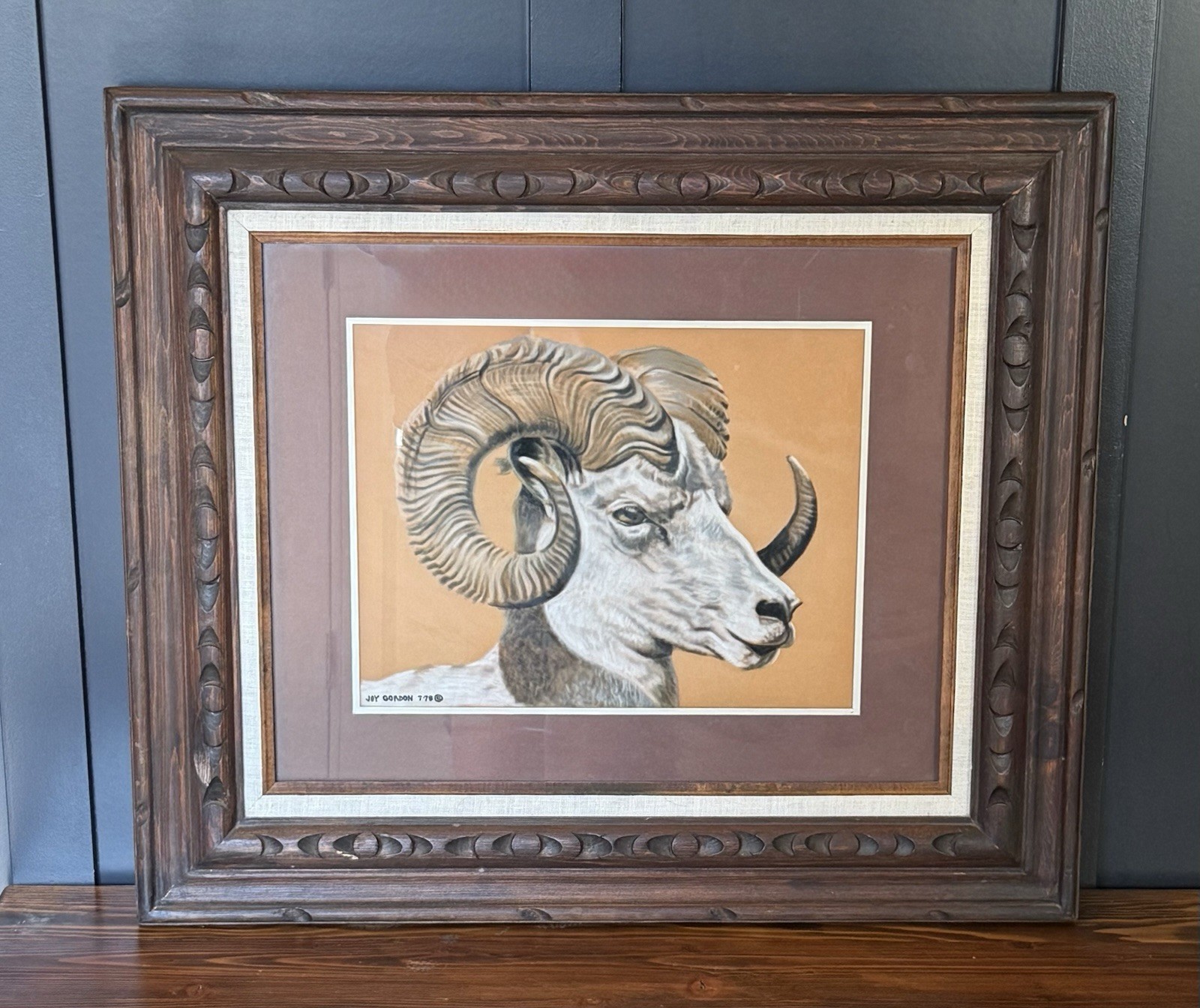 VTG Framed Joy Gordon 1978 Ram Painting Big Horn Sheep Signed Large 24” X 27.5”