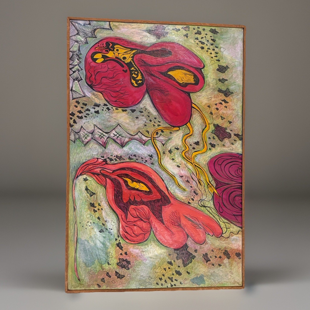 Vintage Abstract Surrealist Watercolor, Ink & Crayon Painting on Board Signed