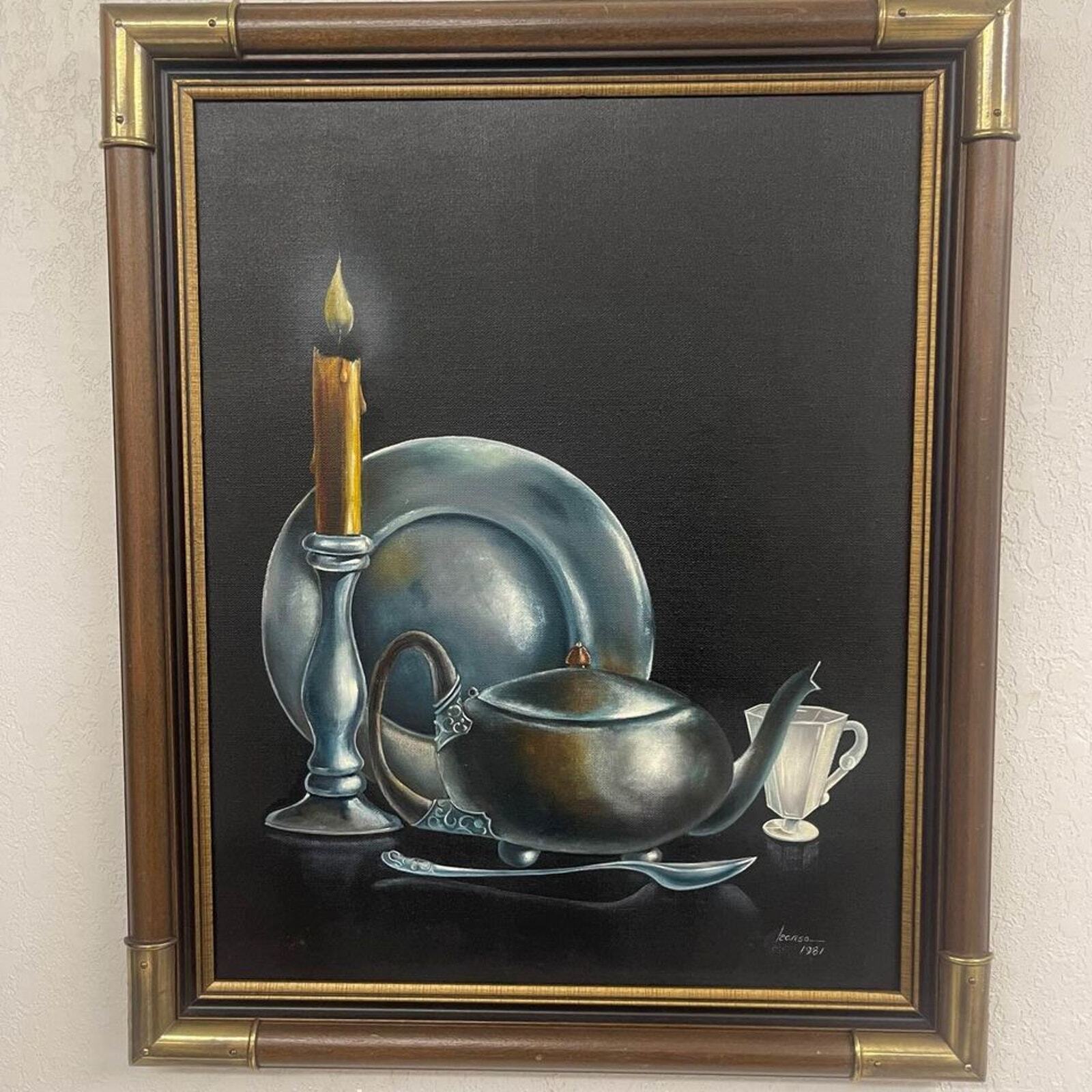 Moody Still Life Painting Candle Silver Serving Ware Brass and Wood Frame