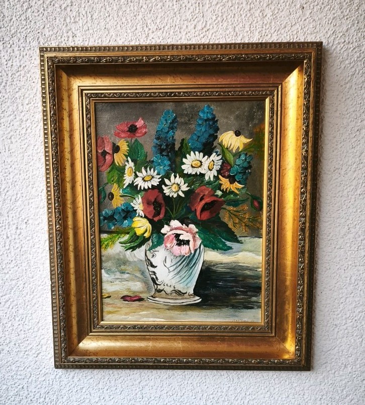 Vintage Floral Still Life Painting, Original Oil on Wood Panel, Signed 1986