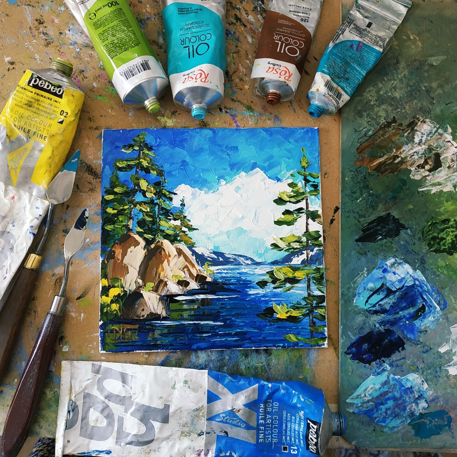 Lake Tahoe Original Painting Sequoia Hiking Impasto Oil Painting 3D Art 6×6